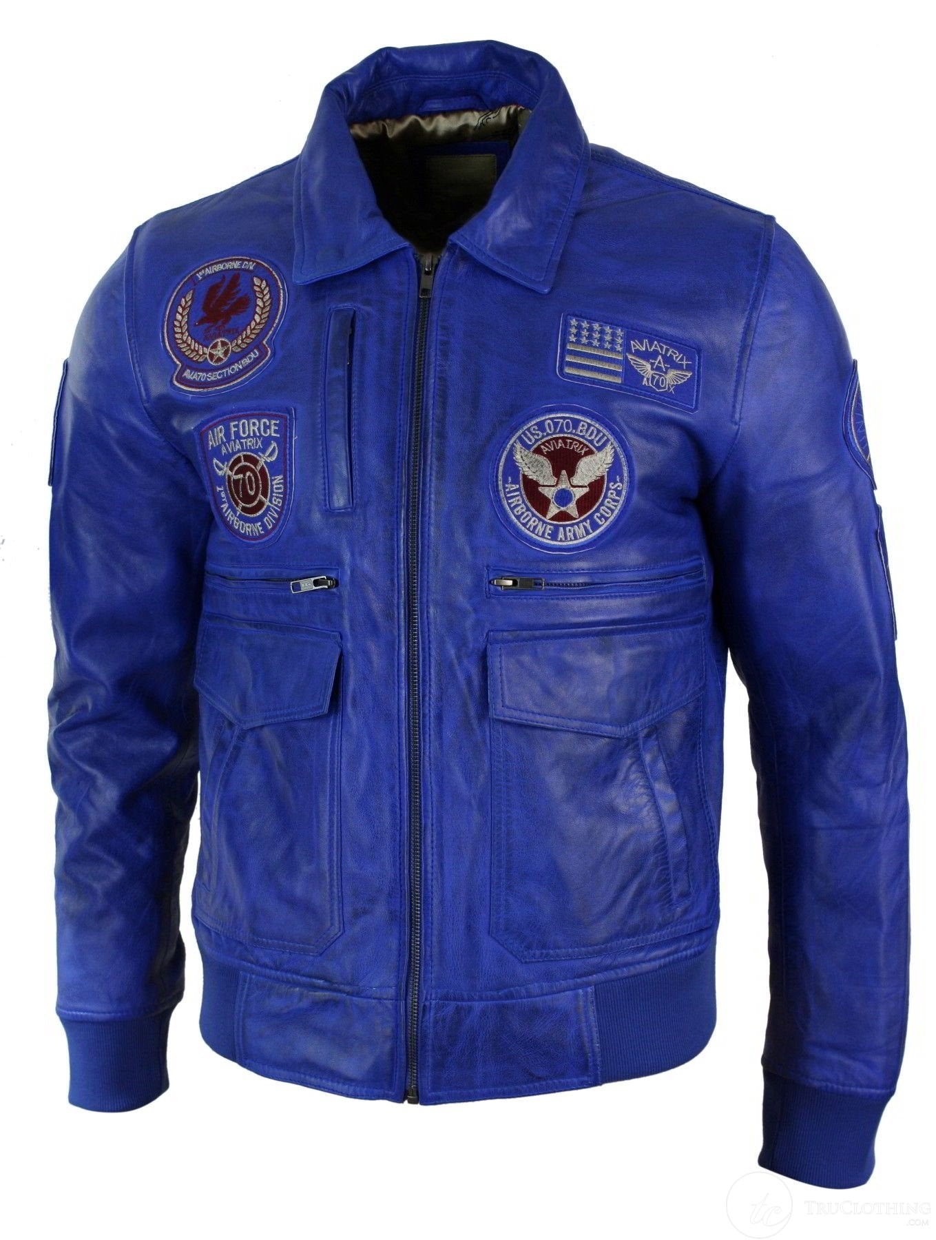 Jaqueta Bomber Masculina de Couro Legítimo Preta com Distintivo de Piloto da Força Aérea - Azul