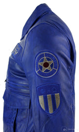 Jaqueta Bomber Masculina de Couro Legítimo Preta com Distintivo de Piloto da Força Aérea - Azul