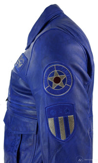 Jaqueta Bomber Masculina de Couro Legítimo Preta com Distintivo de Piloto da Força Aérea - Azul