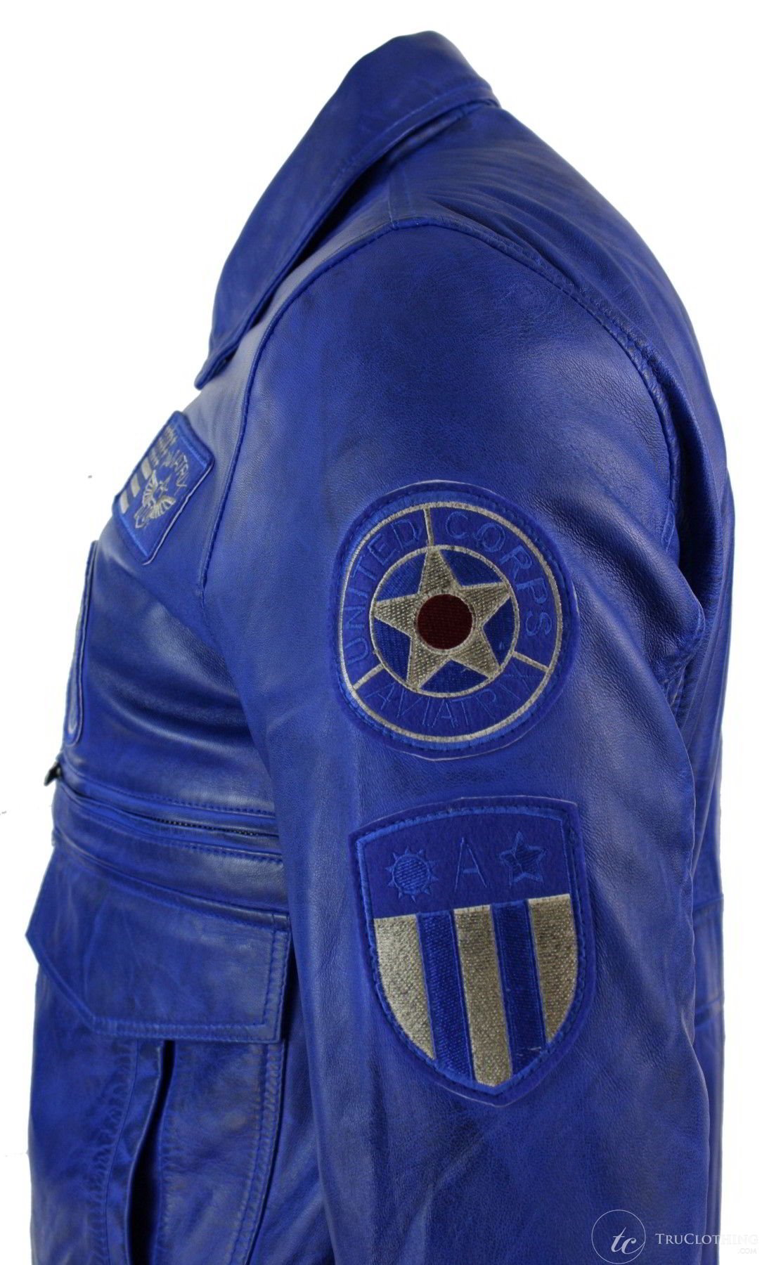 Jaqueta Bomber Masculina de Couro Legítimo Preta com Distintivo de Piloto da Força Aérea - Azul