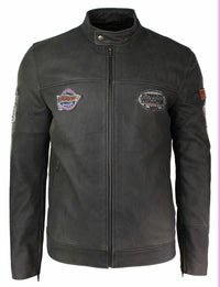 Jaqueta masculina de couro legítimo marrom vintage com emblema de piloto, lavagem desgastada e modelagem slim fit.