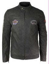 Jaqueta masculina de couro legítimo marrom vintage com emblema de piloto, lavagem desgastada e modelagem slim fit.