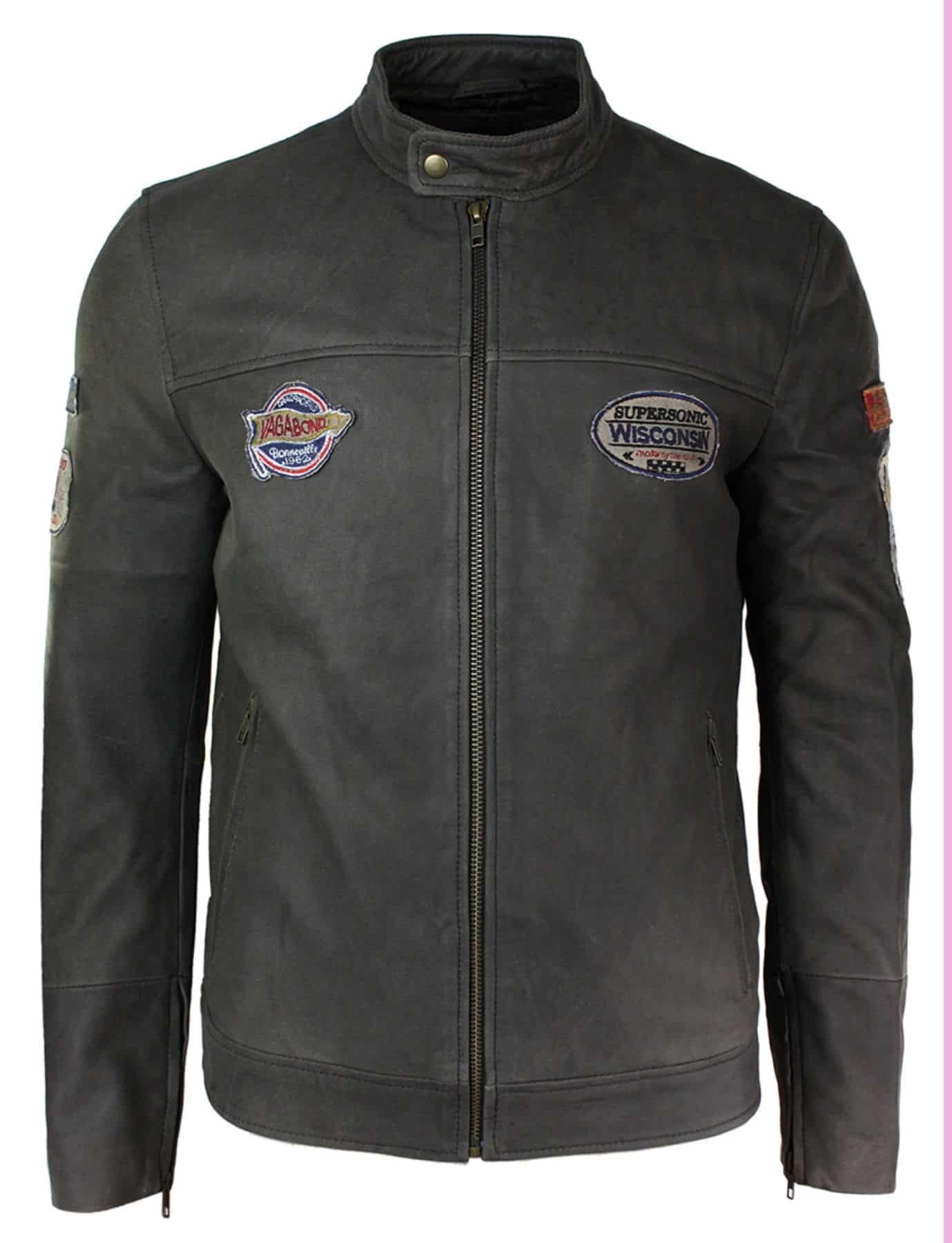 Jaqueta masculina de couro legítimo marrom vintage com emblema de piloto, lavagem desgastada e modelagem slim fit.