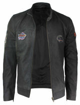 Jaqueta masculina de couro legítimo marrom vintage com emblema de piloto, lavagem desgastada e modelagem slim fit.