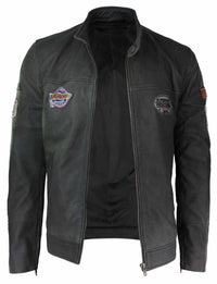Jaqueta masculina de couro legítimo marrom vintage com emblema de piloto, lavagem desgastada e modelagem slim fit.