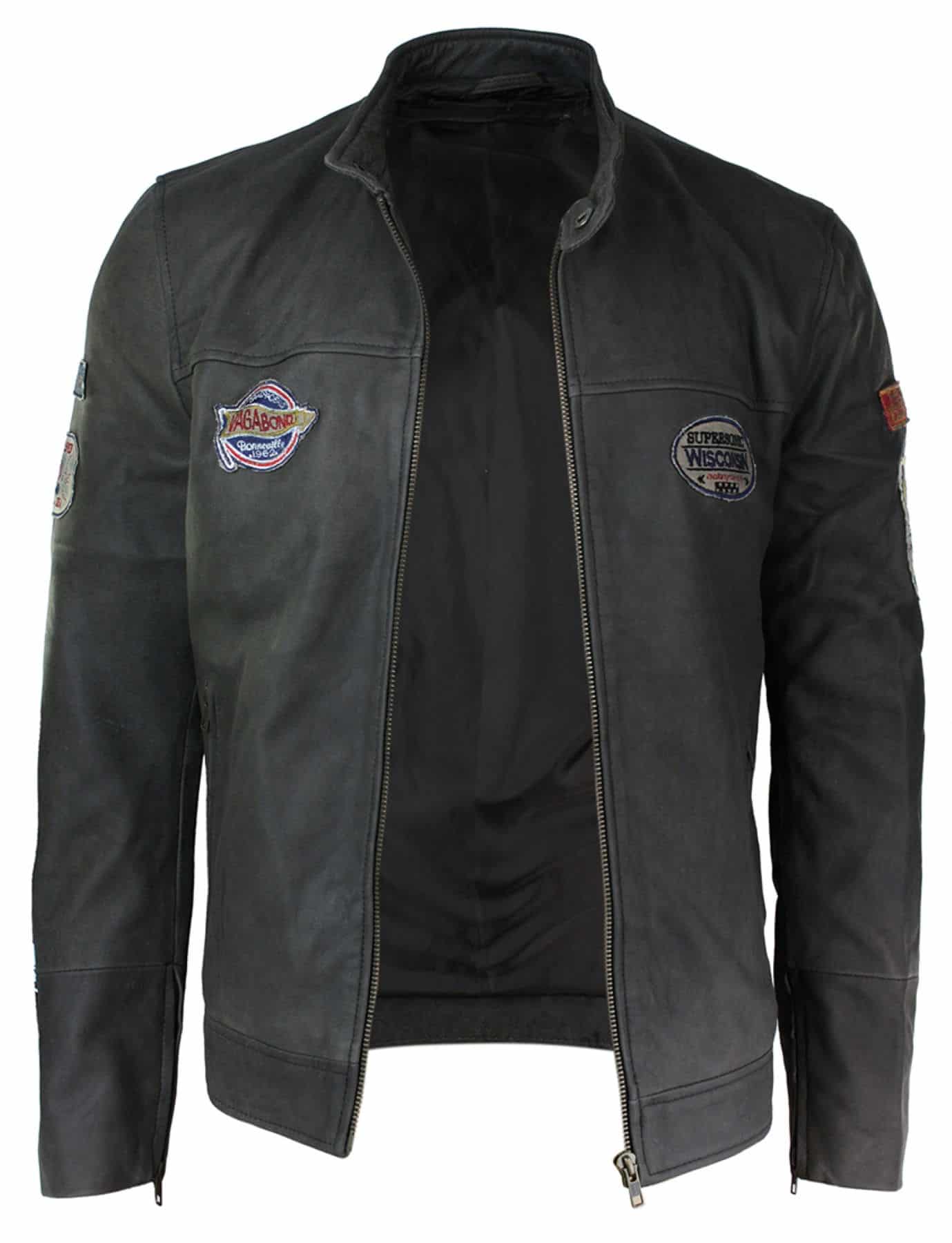Jaqueta masculina de couro legítimo marrom vintage com emblema de piloto, lavagem desgastada e modelagem slim fit.