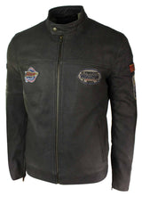 Jaqueta masculina de couro legítimo marrom vintage com emblema de piloto, lavagem desgastada e modelagem slim fit.