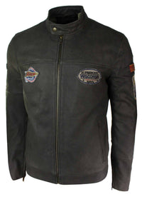 Jaqueta masculina de couro legítimo marrom vintage com emblema de piloto, lavagem desgastada e modelagem slim fit.