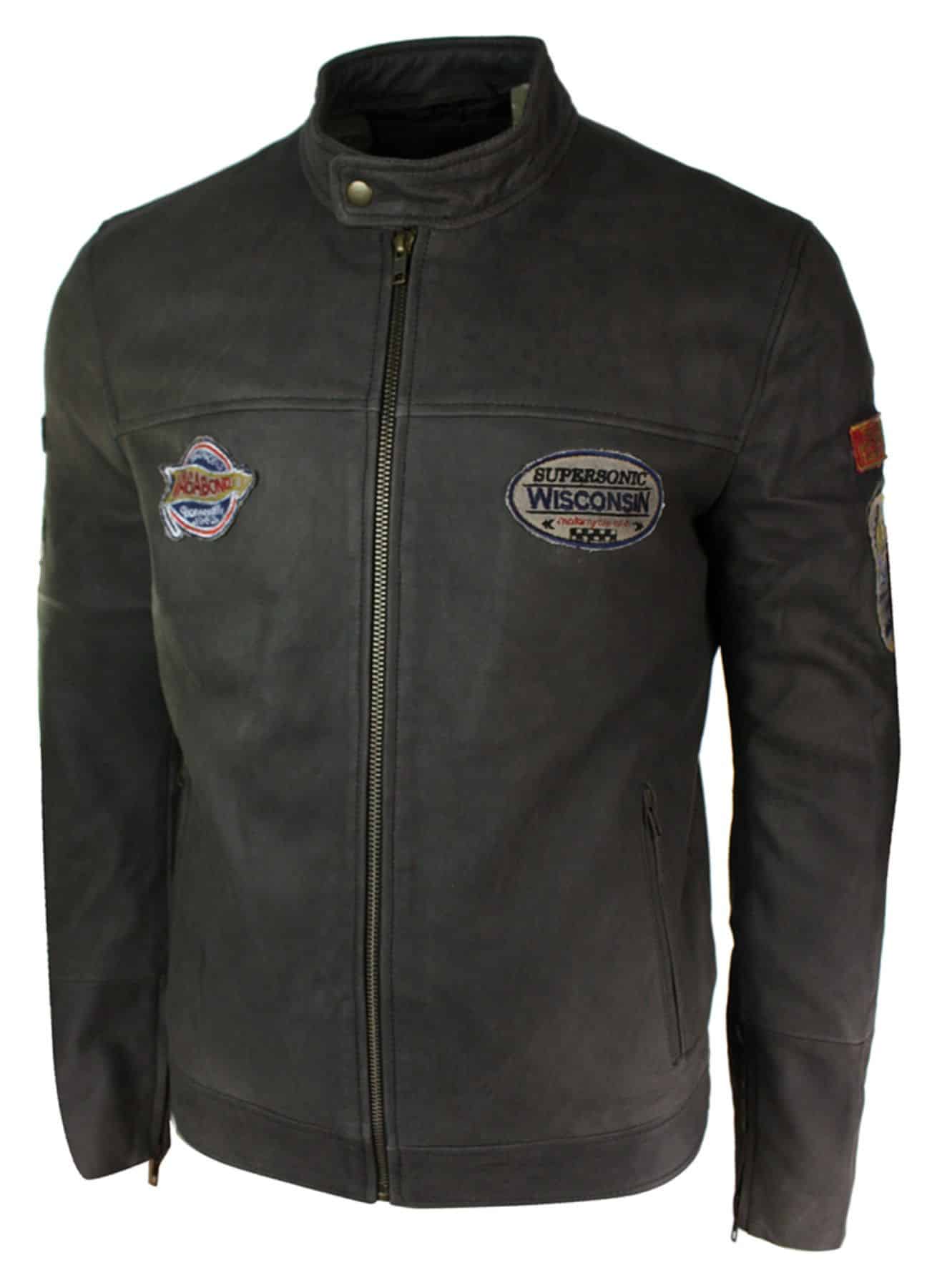 Jaqueta masculina de couro legítimo marrom vintage com emblema de piloto, lavagem desgastada e modelagem slim fit.