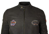 Jaqueta masculina de couro legítimo marrom vintage com emblema de piloto, lavagem desgastada e modelagem slim fit.