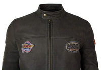 Jaqueta masculina de couro legítimo marrom vintage com emblema de piloto, lavagem desgastada e modelagem slim fit.
