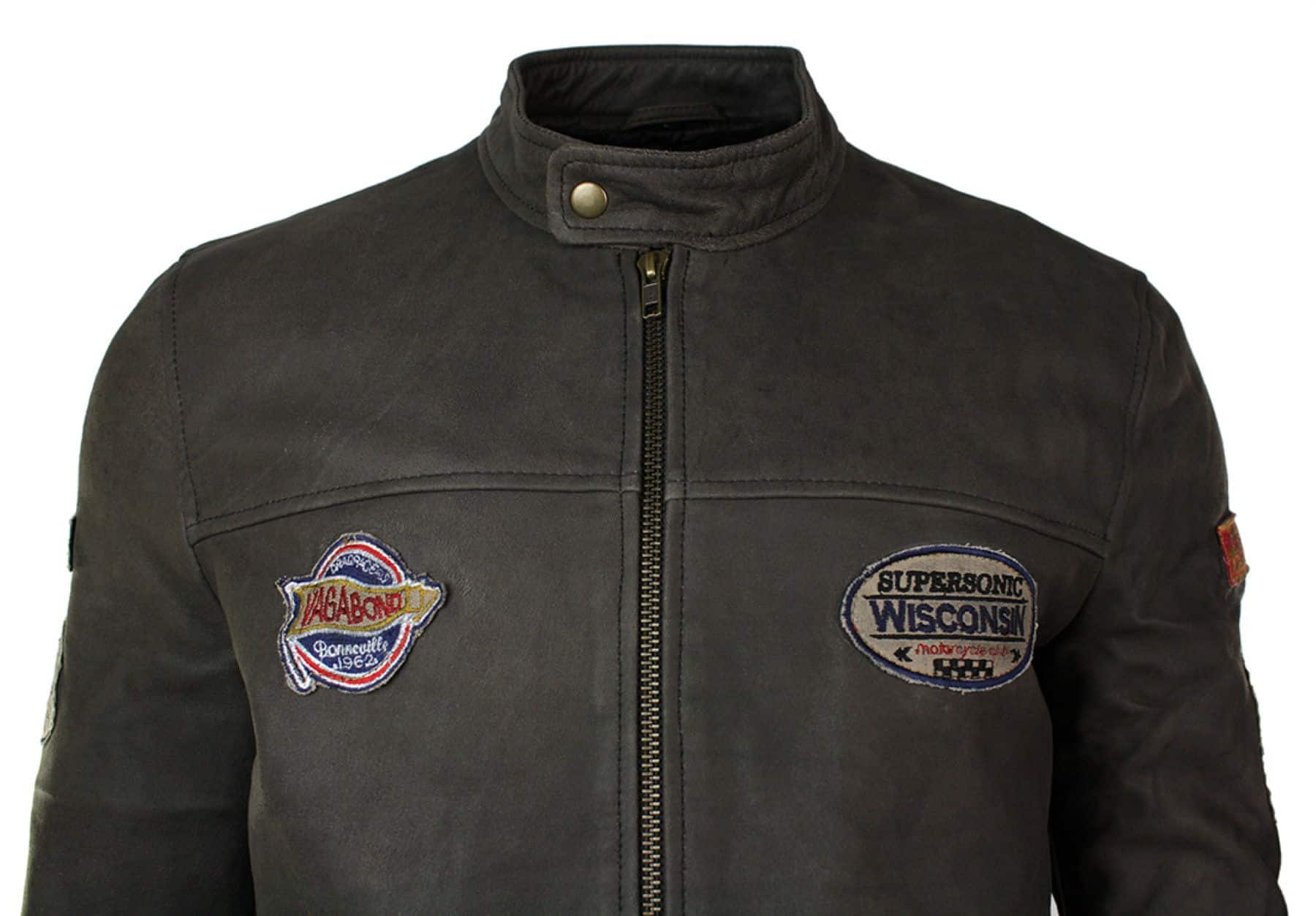Jaqueta masculina de couro legítimo marrom vintage com emblema de piloto, lavagem desgastada e modelagem slim fit.