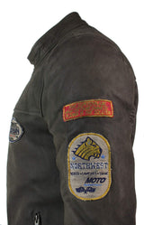 Jaqueta masculina de couro legítimo marrom vintage com emblema de piloto, lavagem desgastada e modelagem slim fit.