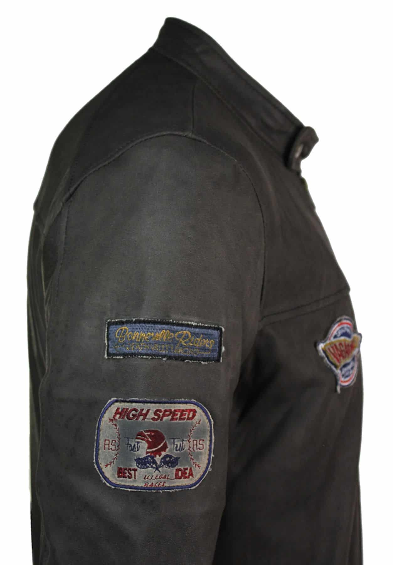 Jaqueta masculina de couro legítimo marrom vintage com emblema de piloto, lavagem desgastada e modelagem slim fit.