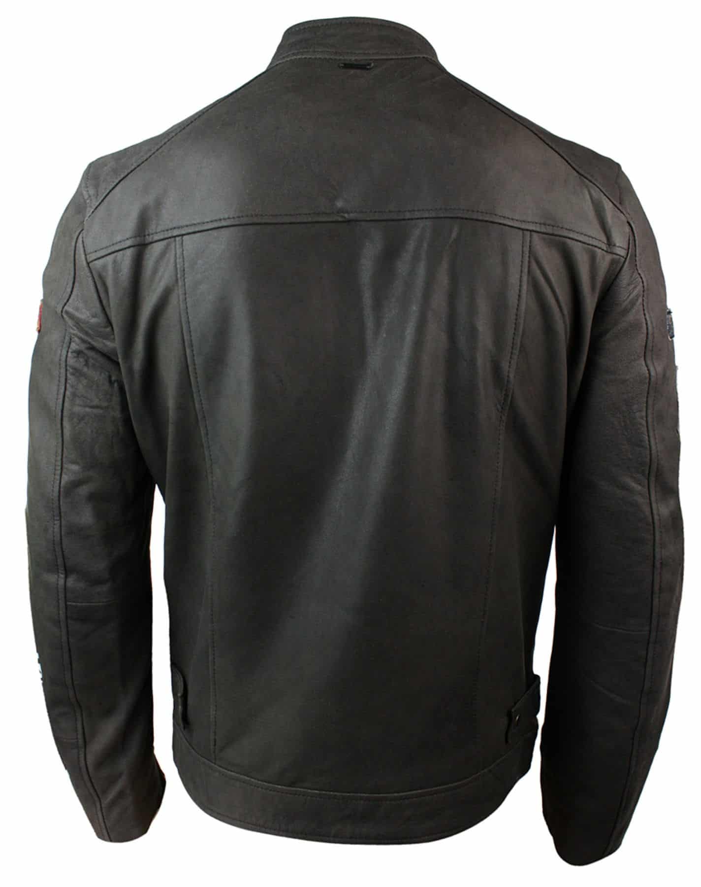 Jaqueta masculina de couro legítimo marrom vintage com emblema de piloto, lavagem desgastada e modelagem slim fit.