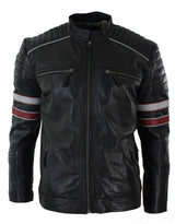 Jaqueta masculina de couro legítimo preta estilo motociclista com listras vermelhas e brancas. Modelagem casual.