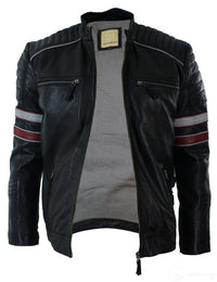 Jaqueta masculina de couro legítimo preta estilo motociclista com listras vermelhas e brancas. Modelagem casual.