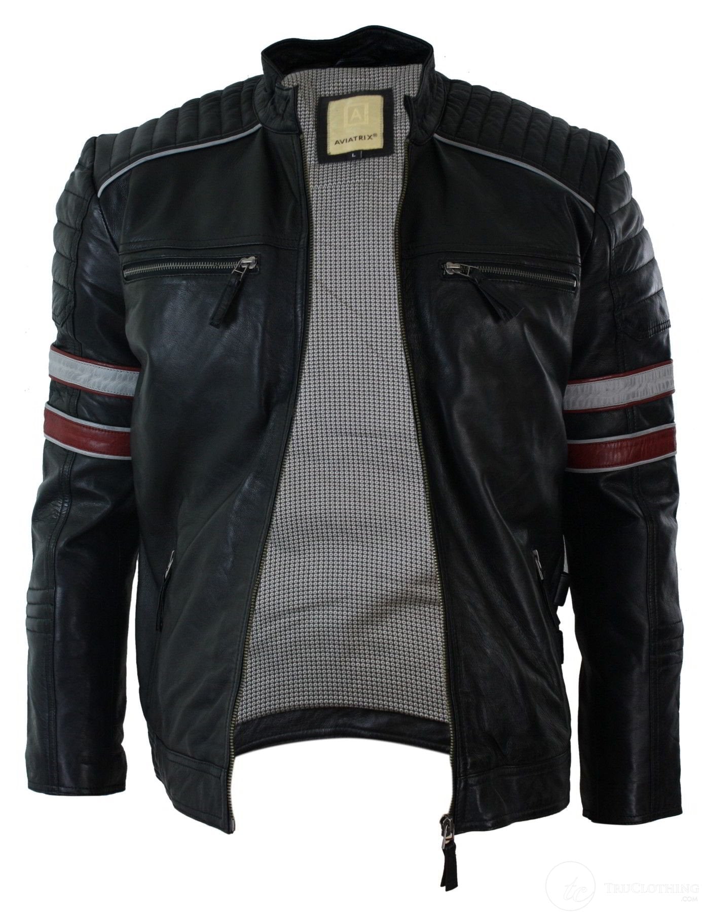 Jaqueta masculina de couro legítimo preta estilo motociclista com listras vermelhas e brancas. Modelagem casual.