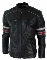 Jaqueta masculina de couro legítimo preta estilo motociclista com listras vermelhas e brancas. Modelagem casual.