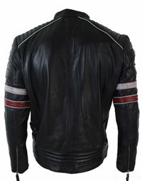 Jaqueta masculina de couro legítimo preta estilo motociclista com listras vermelhas e brancas. Modelagem casual.