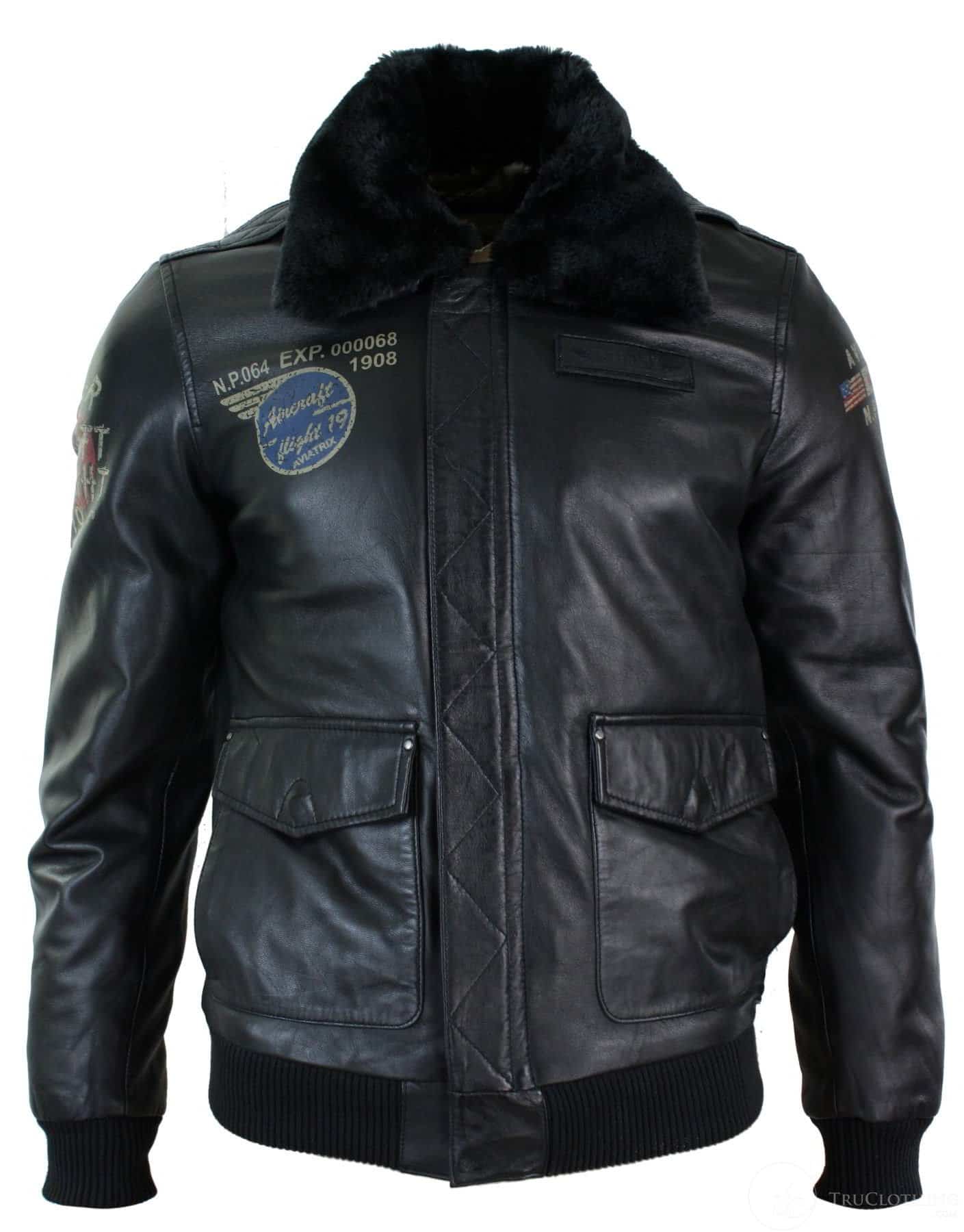 Jaqueta de aviador masculina em couro legítimo preto com gola de pele, corte slim e estilo bomber.