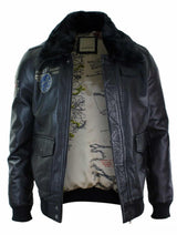 Jaqueta de aviador masculina em couro legítimo preto com gola de pele, corte slim e estilo bomber.