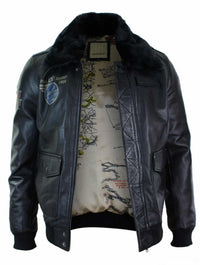 Jaqueta de aviador masculina em couro legítimo preto com gola de pele, corte slim e estilo bomber.