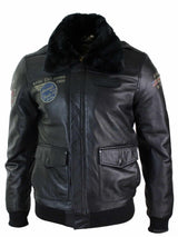Jaqueta de aviador masculina em couro legítimo preto com gola de pele, corte slim e estilo bomber.