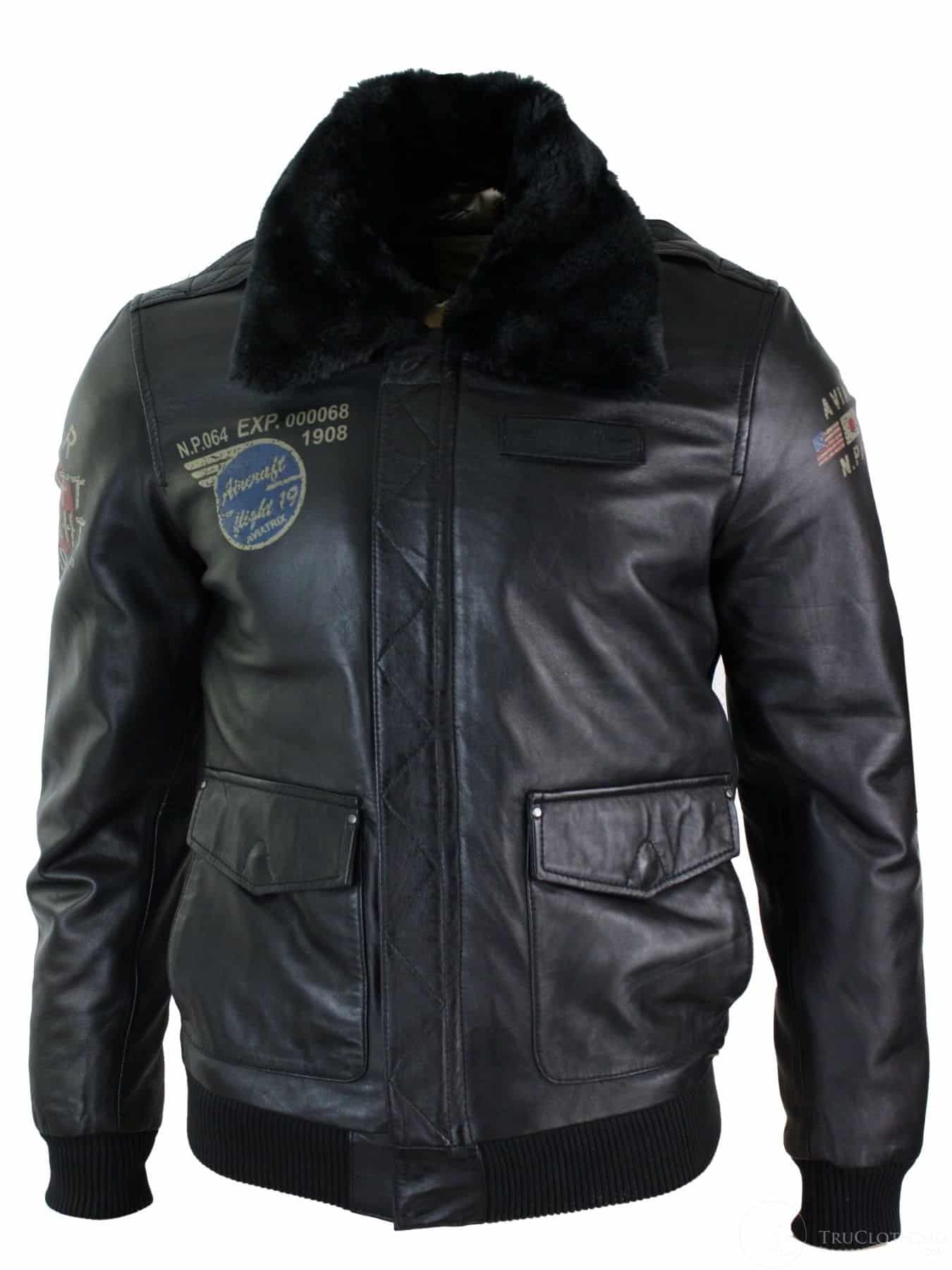 Jaqueta de aviador masculina em couro legítimo preto com gola de pele, corte slim e estilo bomber.