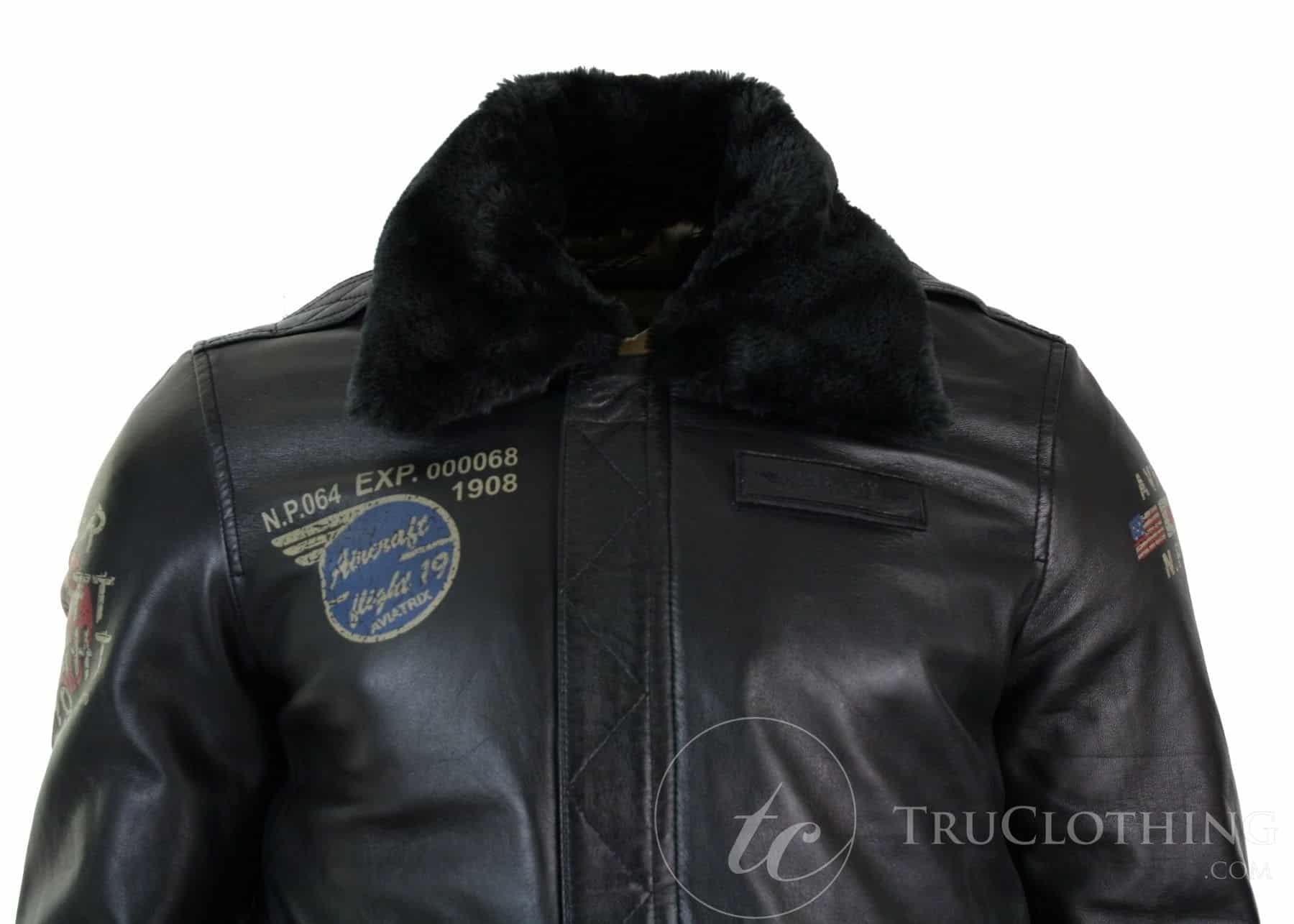 Jaqueta de aviador masculina em couro legítimo preto com gola de pele, corte slim e estilo bomber.