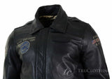 Jaqueta de aviador masculina em couro legítimo preto com gola de pele, corte slim e estilo bomber.