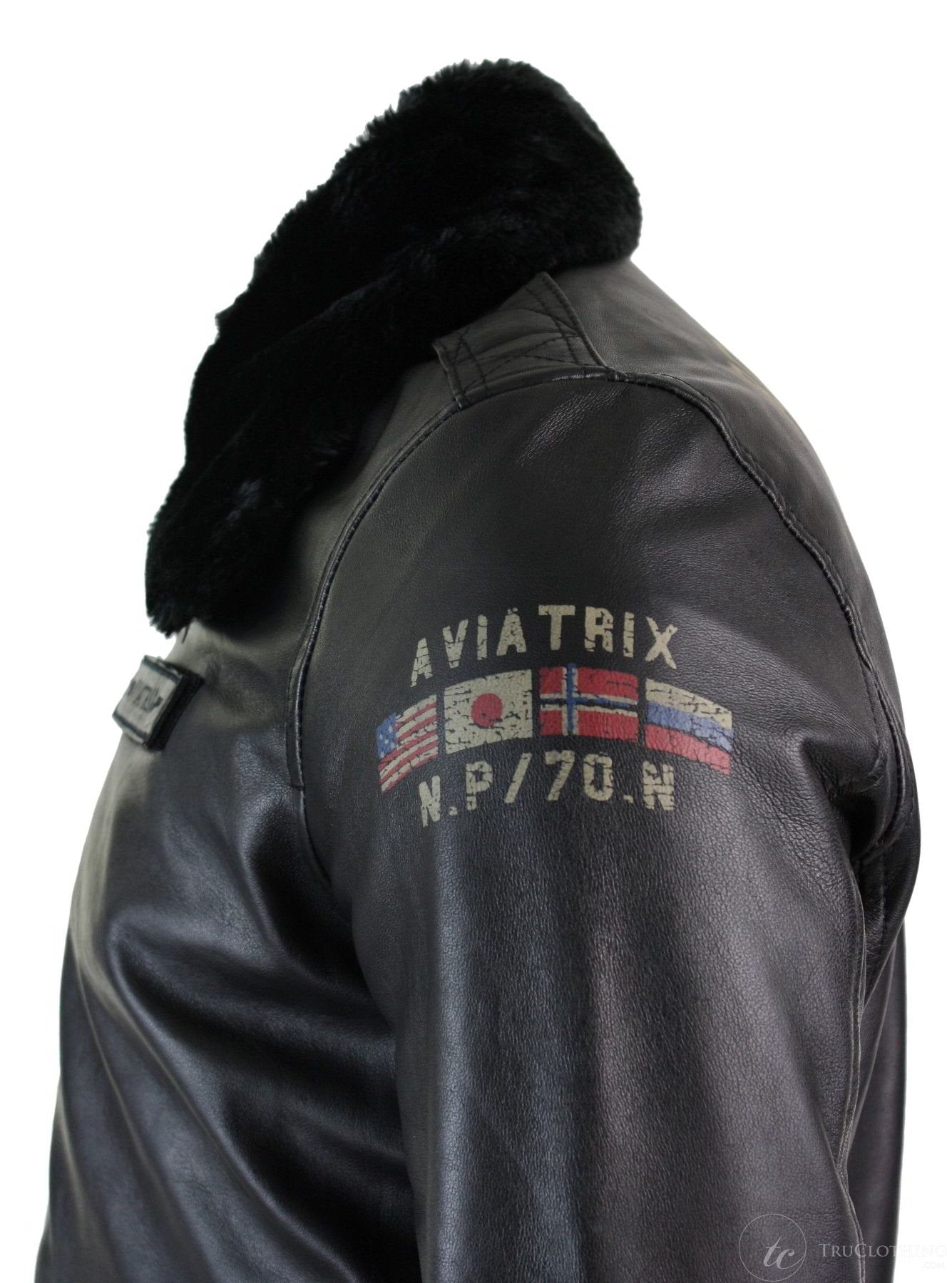 Jaqueta de aviador masculina em couro legítimo preto com gola de pele, corte slim e estilo bomber.