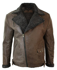 Jaqueta masculina preta de couro legítimo com zíper cruzado, forro de lã, modelagem ajustada, estilo casual elegante - Marrom
