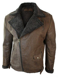 Jaqueta masculina preta de couro legítimo com zíper cruzado, forro de lã, modelagem ajustada, estilo casual elegante - Marrom