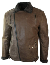 Jaqueta masculina preta de couro legítimo com zíper cruzado, forro de lã, modelagem ajustada, estilo casual elegante - Marrom