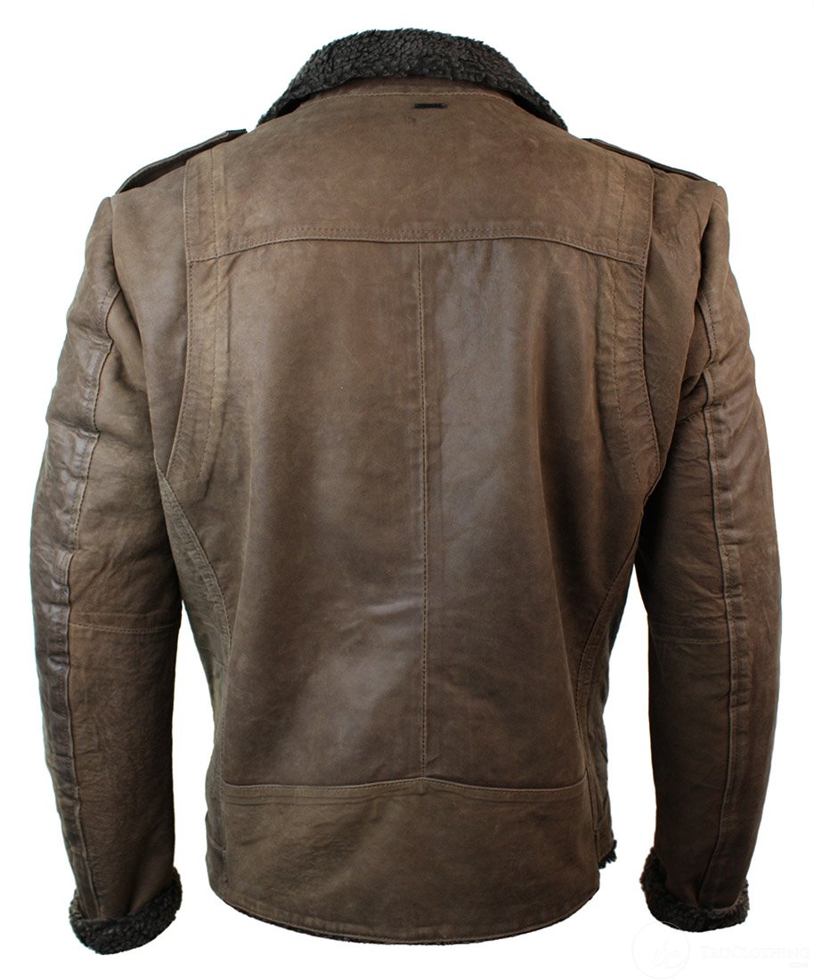 Jaqueta masculina preta de couro legítimo com zíper cruzado, forro de lã, modelagem ajustada, estilo casual elegante - Marrom