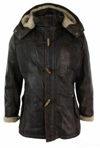 Jaqueta Safari Masculina de Couro Legítimo com Capuz, Comprimento 3/4 e Forro de Pele, Lavagem Marrom Madeira/Castanho Claro