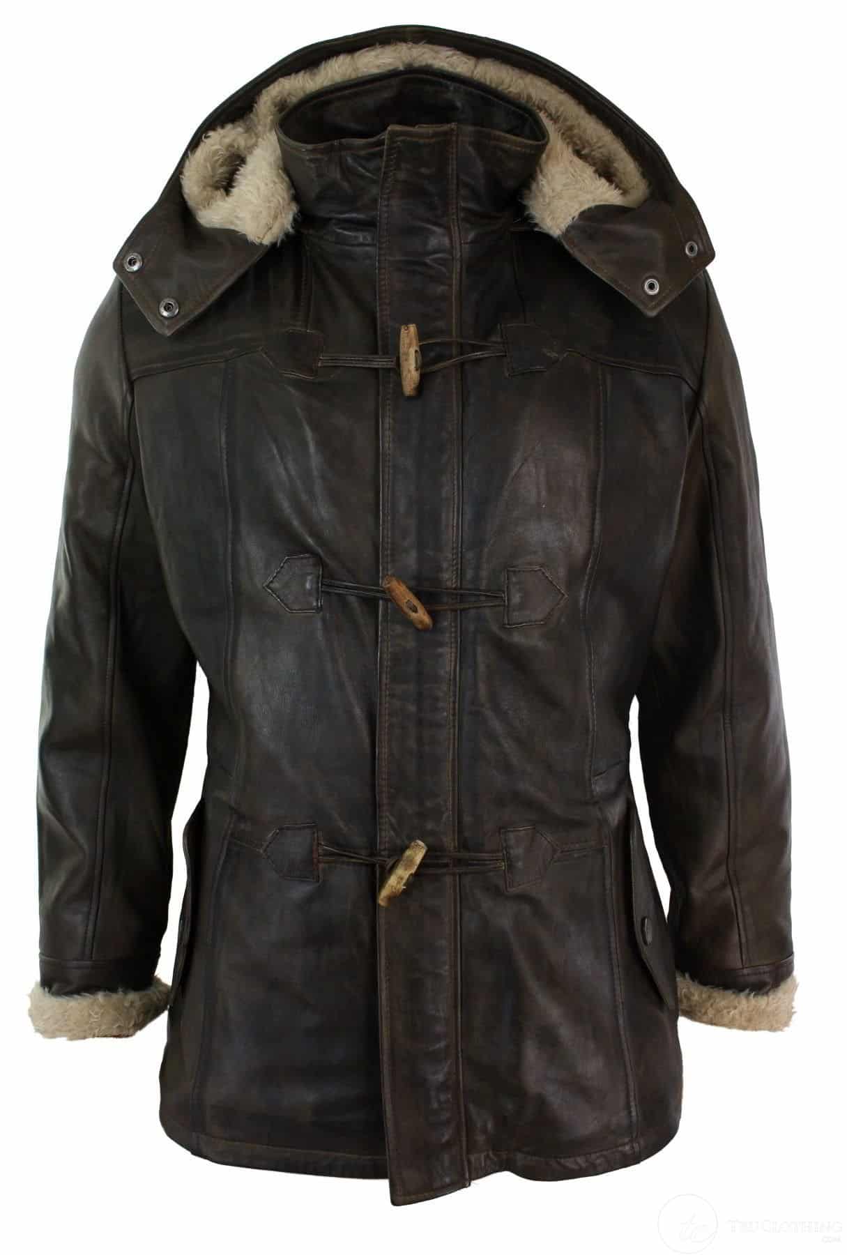 Jaqueta Safari Masculina de Couro Legítimo com Capuz, Comprimento 3/4 e Forro de Pele, Lavagem Marrom Madeira/Castanho Claro