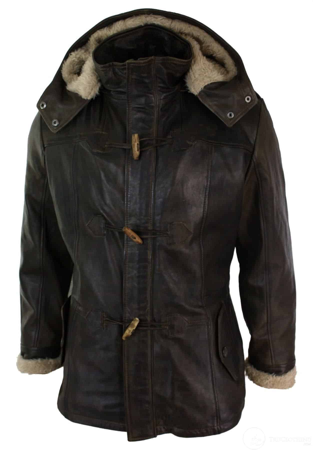 Jaqueta Safari Masculina de Couro Legítimo com Capuz, Comprimento 3/4 e Forro de Pele, Lavagem Marrom Madeira/Castanho Claro
