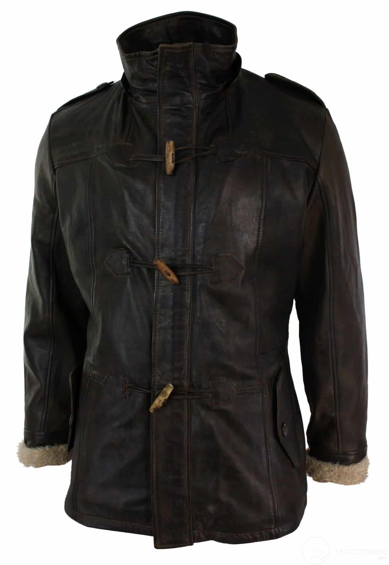 Jaqueta Safari Masculina de Couro Legítimo com Capuz, Comprimento 3/4 e Forro de Pele, Lavagem Marrom Madeira/Castanho Claro