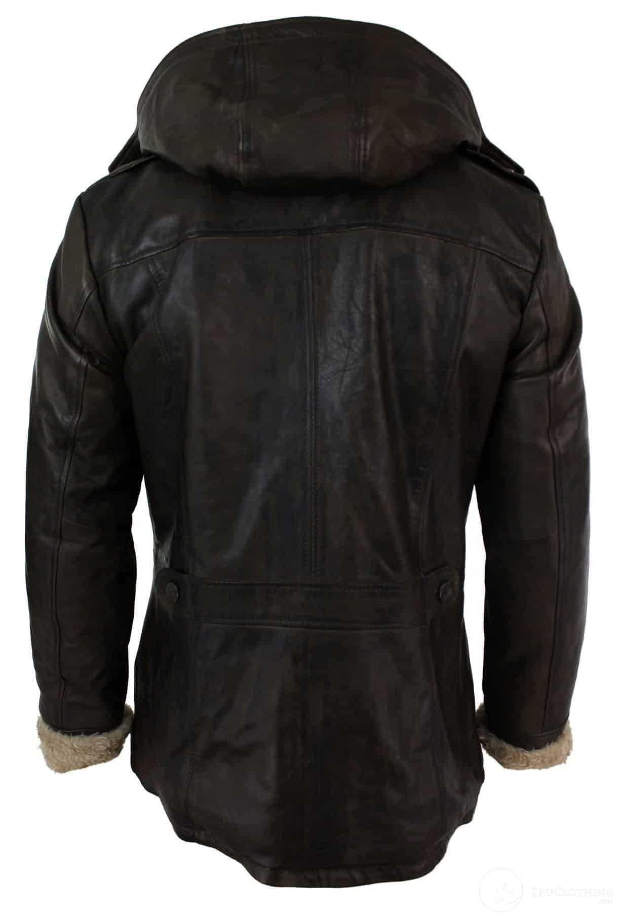 Jaqueta Safari Masculina de Couro Legítimo com Capuz, Comprimento 3/4 e Forro de Pele, Lavagem Marrom Madeira/Castanho Claro