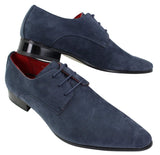 Sapatos masculinos de camurça azul com bico fino e cadarço, design italiano, elegantes e casuais.