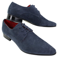 Sapatos masculinos de camurça azul com bico fino e cadarço, design italiano, elegantes e casuais.