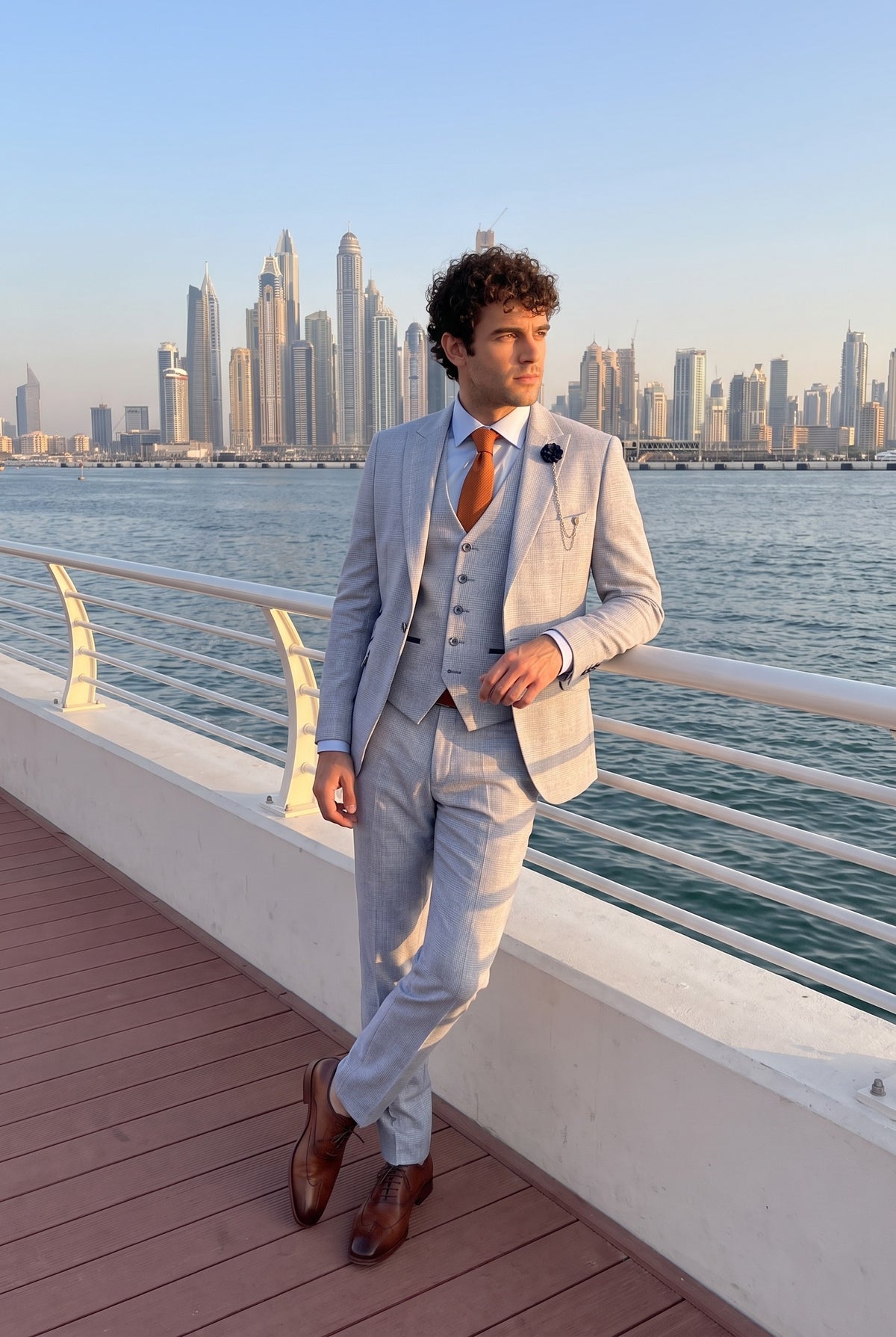 Look #1008 styled with Terno masculino de 3 peças xadrez em tweed azul claro, corte sob medida, estilo Peaky Blinders clássico para casamento.