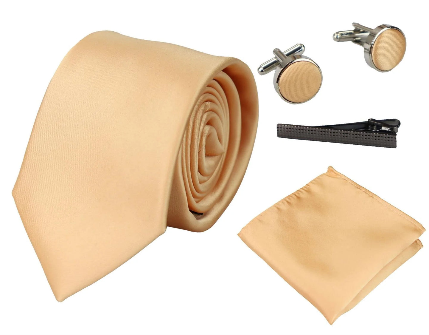 Conjunto de presente em cetim de seda dourado com gravata, lenço de bolso, abotoaduras e cetim brilhante.