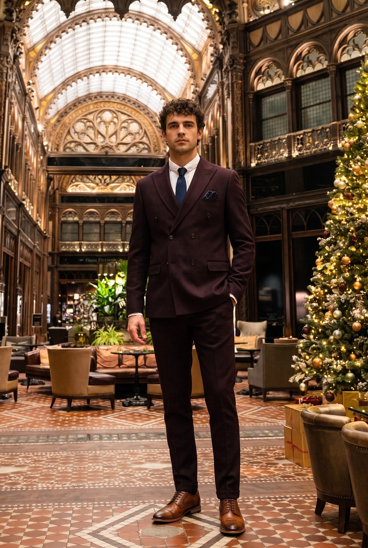 Look #581 styled with Regent - Terno masculino de duas peças, cor bordô, com abotoamento duplo.