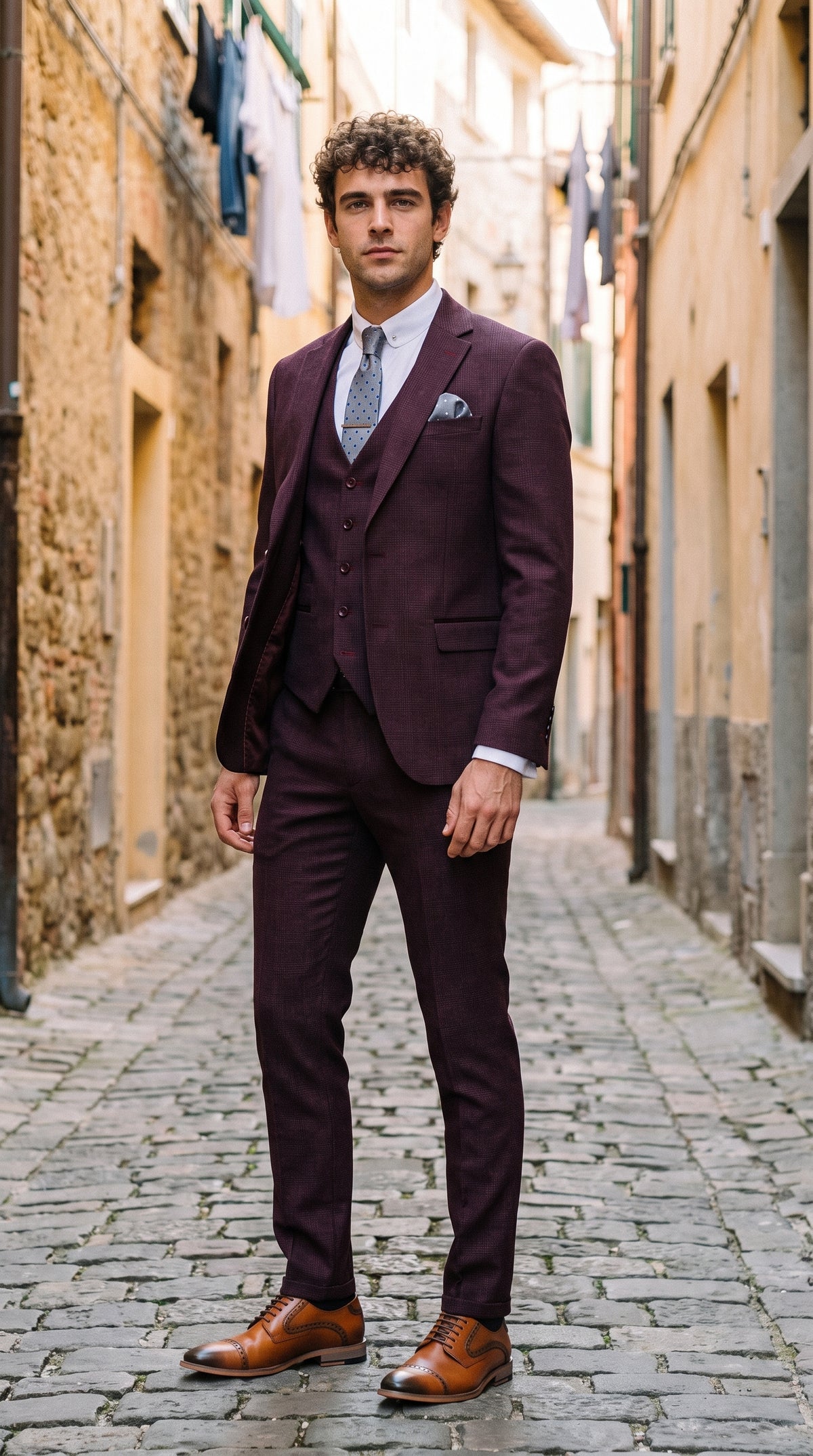 Look #310 styled with Regent - Terno Masculino de 3 Peças Xadrez Príncipe de Gales na Cor Vinho