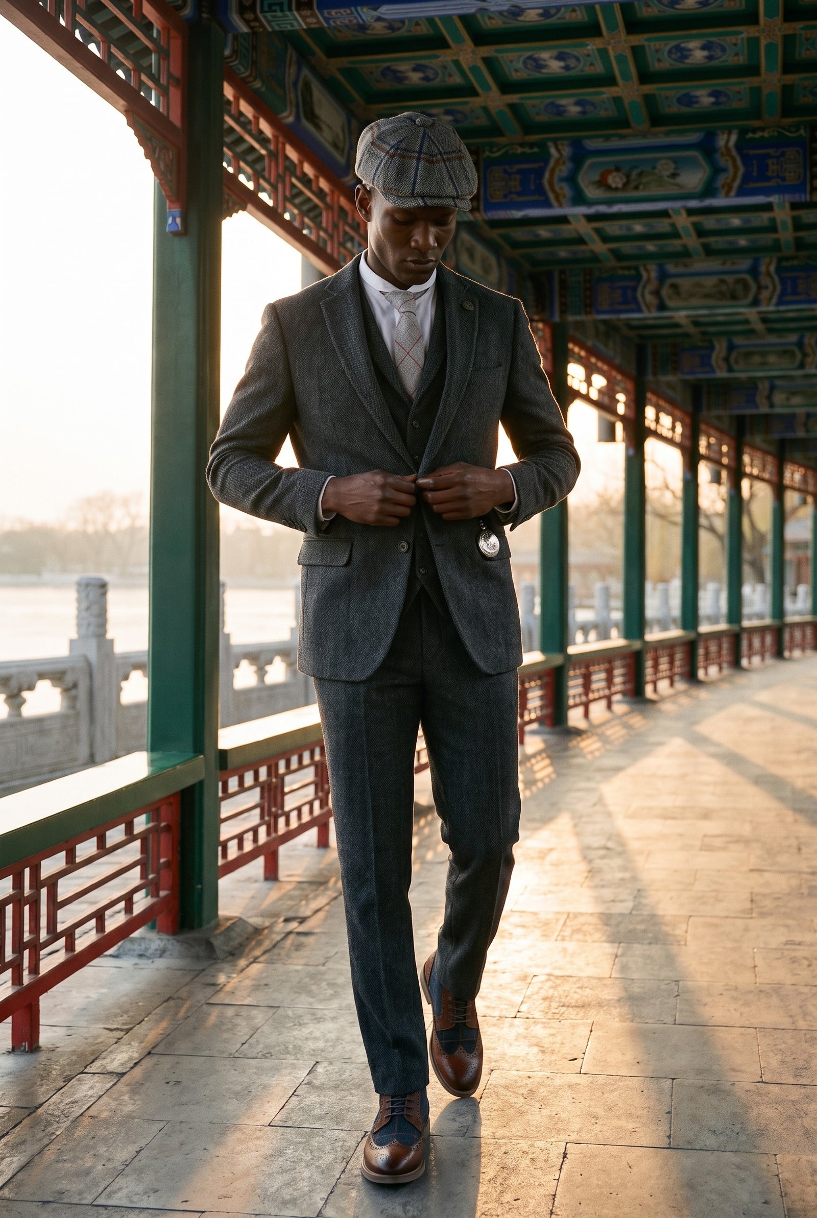 Look #881 styled with Terno masculino de tweed espinha de peixe cinza carvão de 3 peças - STZ11