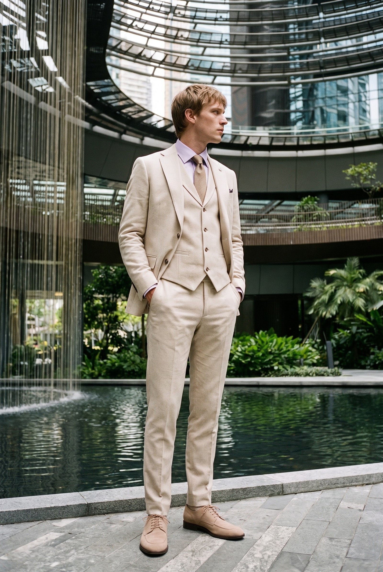 Look #948 styled with Terno de linho bege de 3 peças para casamento de verão TP-21 para homem