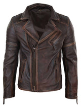 Jaqueta masculina de couro legítimo, corte slim - Marrom-Vermelho
